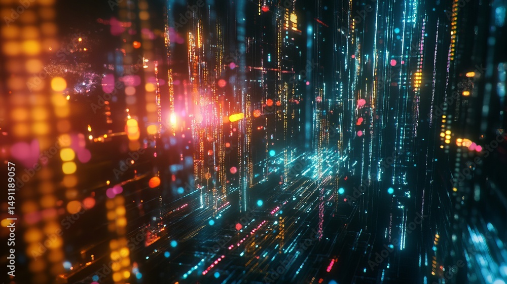 Poster abstract digital data stream orange blue glow technology background art flow code neon cyber space