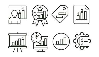 Line style icons of productivity leaderboards: work performance icon, task efficiency badge, completion ranking tag, productivity score file, task leaderboard board, time management chart,