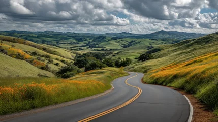 Gordijnen Scenic Winding Road Through Rolling Hills and Wildflowers, Representing Journeys and Outdoor Adventure, Ideal for Travel and Tourism Campaigns : Generative AI © Generative AI