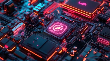 Obraz premium Futuristic Circuit Board with Neon Lighting and Complex Design