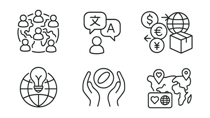Line style icons of international crowdfunding: global supporters map, multilingual updates icon, currency switch icon, overseas delivery option, worldwide project badge, cultural exchange symbol,
