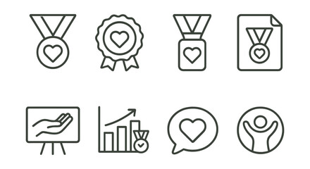 Line style icons of volunteer medals: volunteer medal icon, community service badge, charitable achievement tag, volunteer award file, helping hand board, social contribution chart, impact bubble,