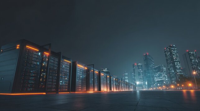 Data Center Servers in a Row at Night With City Skyline, Illustrating Cloud Computing and Digital Transformation, Ideal for Technology Solutions and Innovation : Generative AI