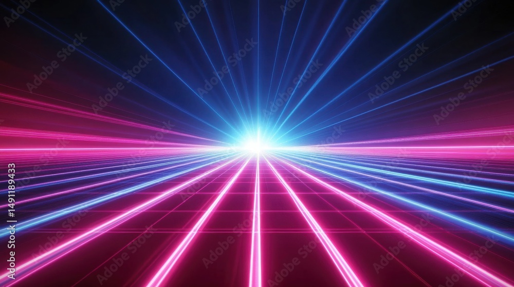 Poster futuristic neon light rays with perspective and grid pattern