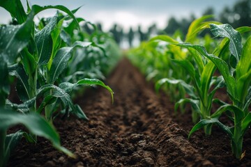 Rows of vibrant, young corn plants stretch across a farm field after a rain shower, focusing on fertile soil