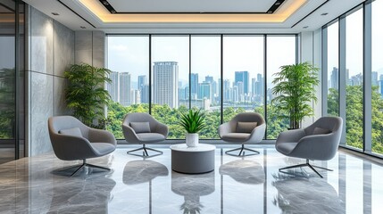 Modern office lounge cityscape view