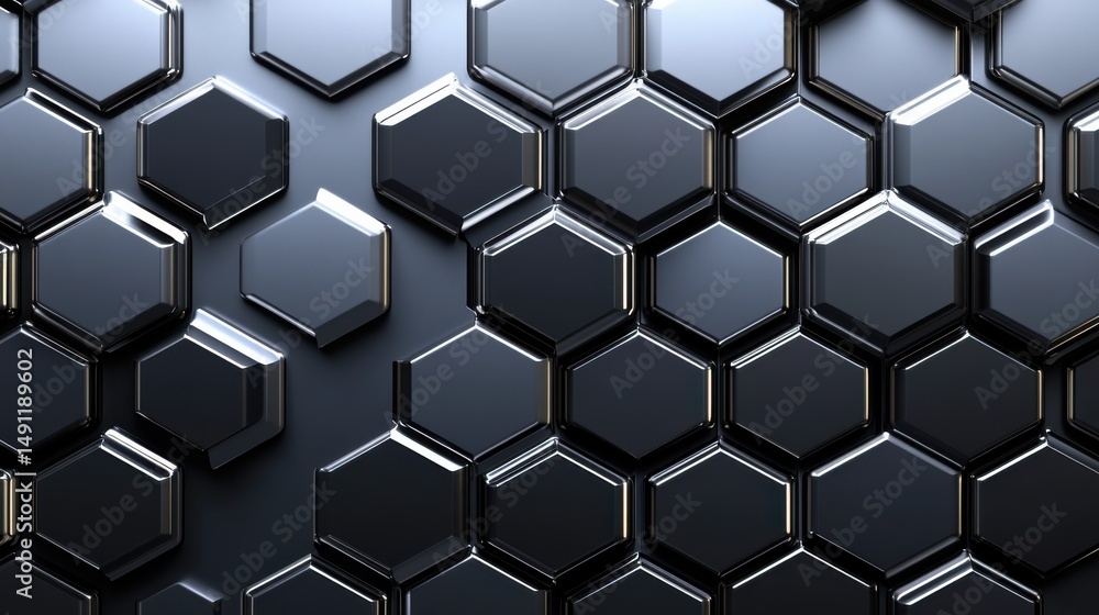 Poster Glossy Black Hexagon Pattern with 3D Effect on Modern Surface