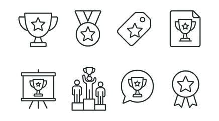 Line style icons of best performance trophies: top performance icon, excellence trophy badge, outstanding achievement tag, best result file, top scorer board, award ceremony chart, achievement