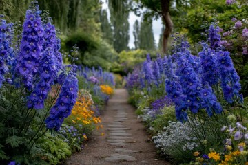 Obraz premium Garden path flanked by vibrant blue delphiniums, creating a picturesque vista leading towards distant lush foliage