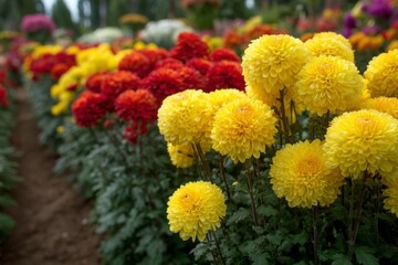 Vibrant Yellow and Red Chrysanthemums Blossom in Garden Row, Floral Arrangement for Fall Season or Celebration, Color Contrast