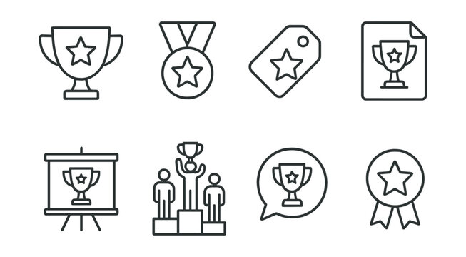 Line style icons of best performance trophies: top performance icon, excellence trophy badge, outstanding achievement tag, best result file, top scorer board, award ceremony chart, achievement