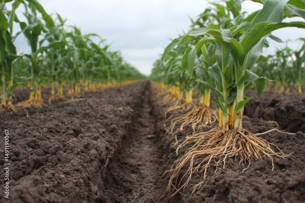 Poster cornfield in early growth stage, showcasing roots exposed in dark soil with rows extending to the ho
