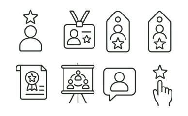 Line style icons of leadership awards: leadership icon, manager’s badge, leadership excellence tag, mentor award file, team success board, leadership impact chart, executive recognition bubble,