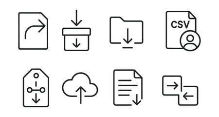 Line style icons of data download and portability: export data arrow, download archive icon, your data folder, CSV + profile icon, download timeline tag, move data to cloud icon, takeout request