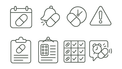 Line style icons of medication reminders: pill reminder icon, daily dose alert badge, medication time tag, health check file, prescription list board, dosage chart, medicine alarm bubble, health
