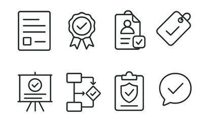 Line style icons of certification process: application form icon, assessment badge, exam tag, review process file, qualification board, approval chart, certification approval bubble, examination