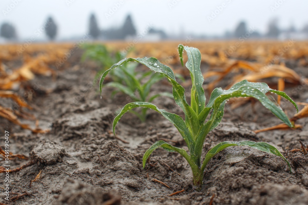 Poster corn sprouts covered with raindrops emerging in a row from the soil of a farm field on a misty morni