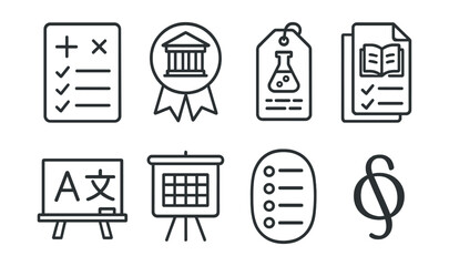 Line style icons of subject-specific tests: math test icon, history exam badge, science quiz tag, literature test file, language exam board, subject chart, test results bubble, subject-specific