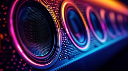 Close-up of vibrant multicolored LED-lit sound system speakers.