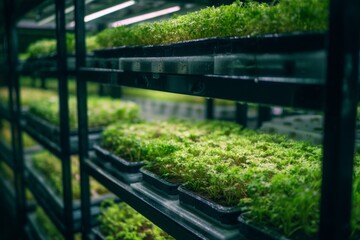 Fototapeta premium Shelves hold trays of young plants in a controlled environment, hydroponics or vertical farm with artificial lighting