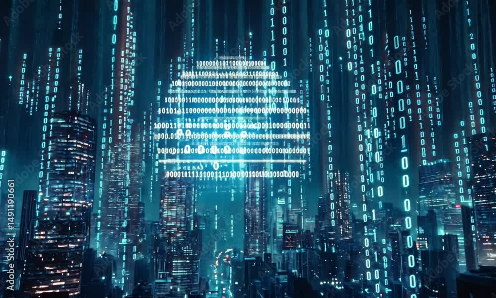 Poster cyberpunk cityscape: digital rain and binary code over modern metropolis