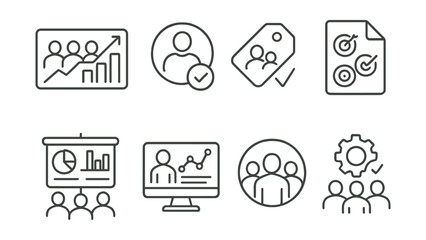 Line style icons of team performance in dashboards: team progress icon, member activity badge, group task completion tag, team goals file, collaboration stats board, performance review chart, team