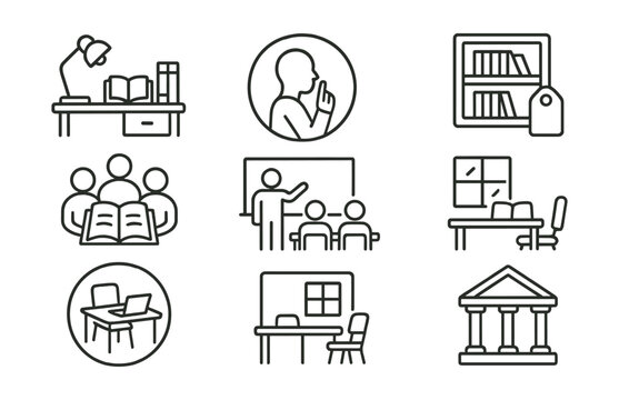 Line style icons of learning environments: study space icon, quiet area badge, library tag, group study file, classroom environment board, study room chart, productive space bubble, academic setting