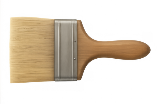 Wooden-handled paintbrush with metal ferrule, pristine and unused, positioned against transparent background for artistic endeavors