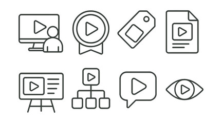 Line style icons of instructional videos: tutorial icon, video play badge, tutorial series tag, instructional clip file, video playlist board, video chapter chart, video lesson bubble, learning by