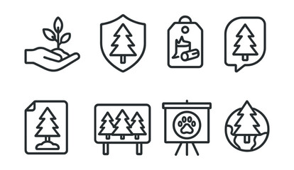 Line style icons of forest conservation: tree planting icon, forest reserve badge, deforestation alert tag, reforestation file, green forest board, wildlife protection chart, forest health bubble,