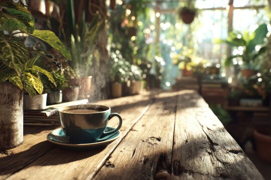 Steaming Cup of Coffee on Wood Table in Greenhouse, Representing Morning Rituals and Tranquil Escape, Perfect for Wellness Blog or Cozy Lifestyle Content : Generative AI - Powered by Adobe