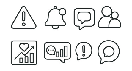 Line style icons of social media notifications: alert icon, notification bell badge, message popup tag, follower update file, interaction prompt board, comment update chart, alert bubble, message