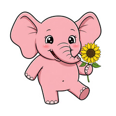 Naklejka premium A cute cartoon baby elephant, a happy pink mammal illustration with a sunflower, isolated for safari fun