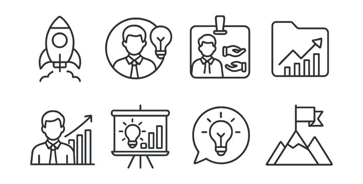 Line style icons of entrepreneurship: startup icon, business pitch badge, investor meeting tag, growth opportunity file, entrepreneur chart, innovation board, business ideas bubble, startup success
