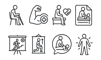 Line style icons of physical therapy: rehabilitation icon, muscle therapy badge, injury recovery tag, therapy session file, mobility exercise board, stretching chart, physical treatment bubble,