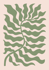 Abstract muted green leaf posters. Trendy botanical wall arts with leaf design in danish pastel colors. Monochrome modern aesthetic. Decorative botanical elements. Vector naive art print