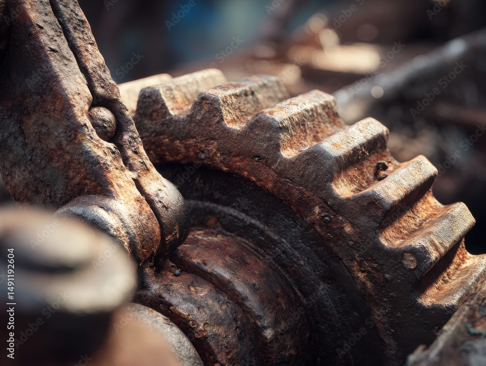 Poster Close-Up of Rusty Gears, Symbolizing Industrial Decay and Mechanical Engineering, Perfect for Illustrating Concepts of Obsolescence and Engineering Solutions : Generative AI