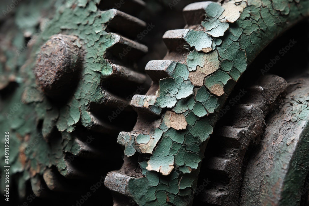 Poster close-up of old gears with peeling paint, illustrating mechanical concepts and industrial heritage :