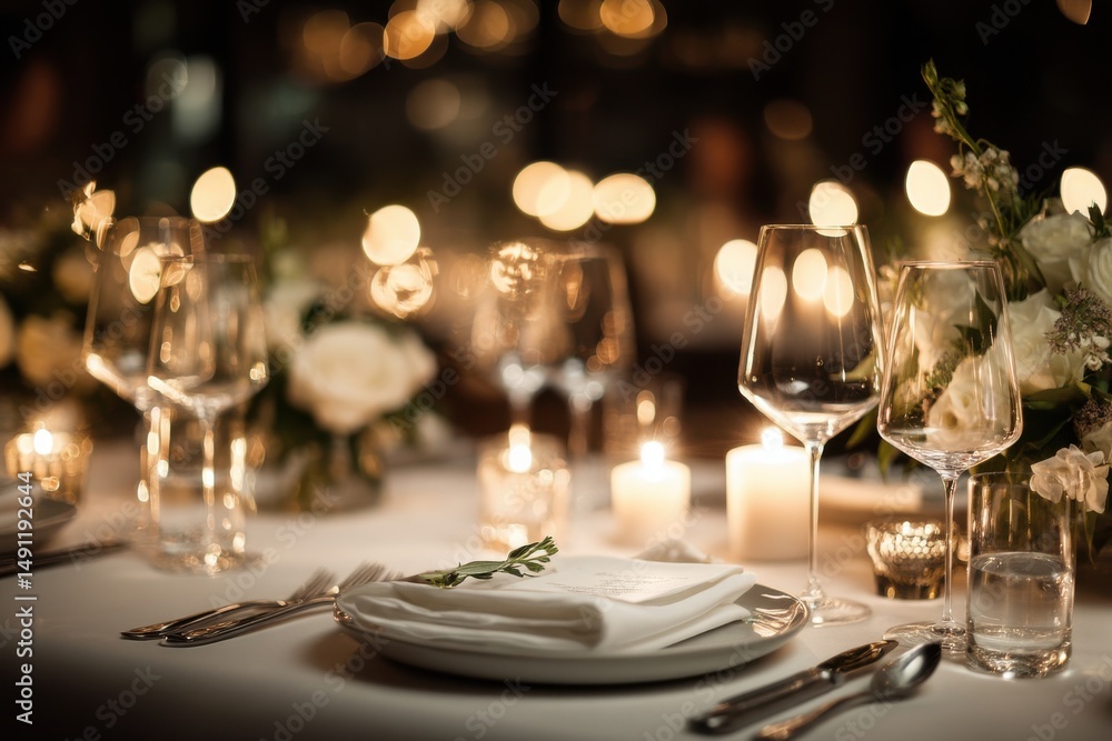 Poster elegant table setting with wine glasses and candles, ideal for wedding planning and fine dining conc