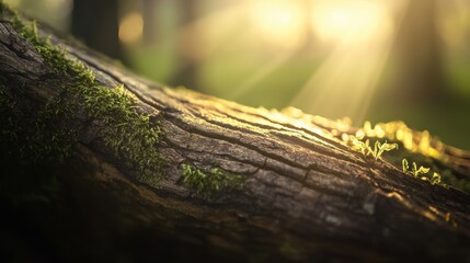 Obraz premium Soft Morning Light on Mossy Log in Forest with Gentle Glow