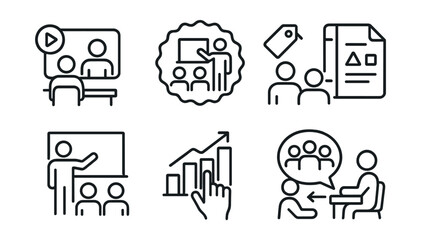 Line style icons of in-person training: live session icon, classroom training badge, face-to-face workshop tag, physical materials file, instructor-led board, hands-on chart, training environment
