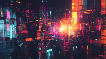 Vibrant Abstract Digital Cityscape with Bright Colors and Lights