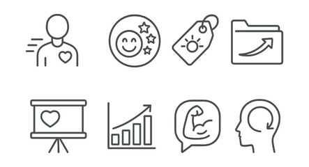 Line style icons of positive thinking: affirmation icon, positive thoughts badge, optimistic mindset tag, confidence boost file, encouraging words board, self-empowerment chart, inner strength bubble