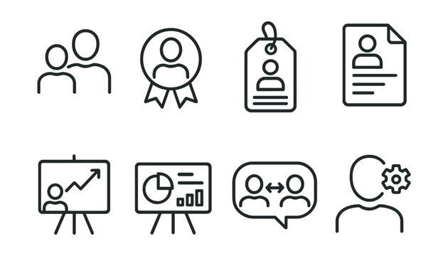 Line style icons of business mentorship programs: mentoring program icon, mentor profile badge, mentee application tag, registration file, business growth board, program overview chart, mentor