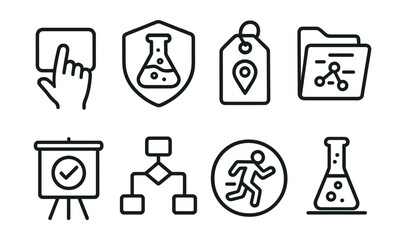 Line style icons of practical tests: hands-on icon, experiment badge, field test tag, real-world scenario file, practical skills board, test procedure chart, action bubble, trial symbol.