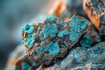 Close-up of a rock covered in vibrant turquoise and orange lichen, showcasing intricate textures and colors.