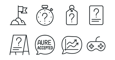 Line style icons of quiz challenges: challenge icon, time-bound badge, competition tag, quiz challenge file, trivia challenge board, score race chart, challenge accepted bubble, game symbol.