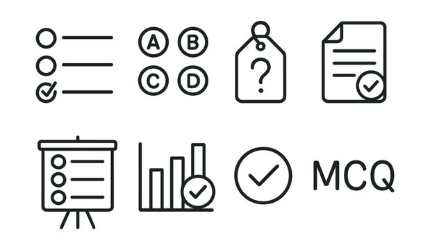 Line style icons of multiple choice questions: choice options icon, A, B, C, D badge, question mark tag, correct answer file, multiple choice board, answers chart, selection bubble, MCQ symbol.
