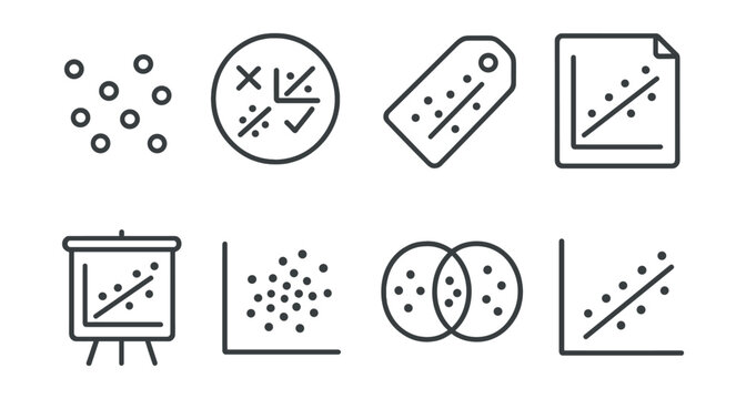 Line style icons of scatter plots: data points icon, correlation badge, trendline tag, distribution file, variable chart board, point clustering chart, plot graph bubble, data relationship symbol.