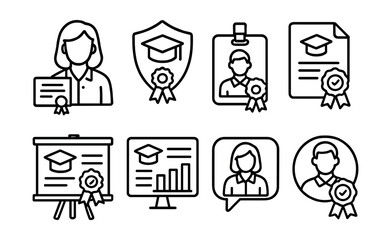 Fototapeta premium Line style icons of teaching certifications: teacher certification icon, education badge, classroom qualification tag, certified educator file, teaching diploma board, classroom skills chart,